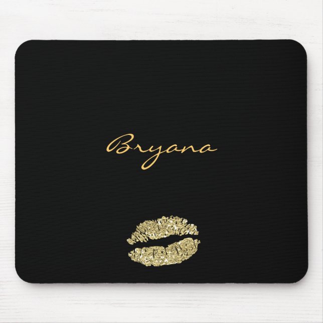 Tapis de souris Black with Gold Glitter Kiss Lips (Devant)