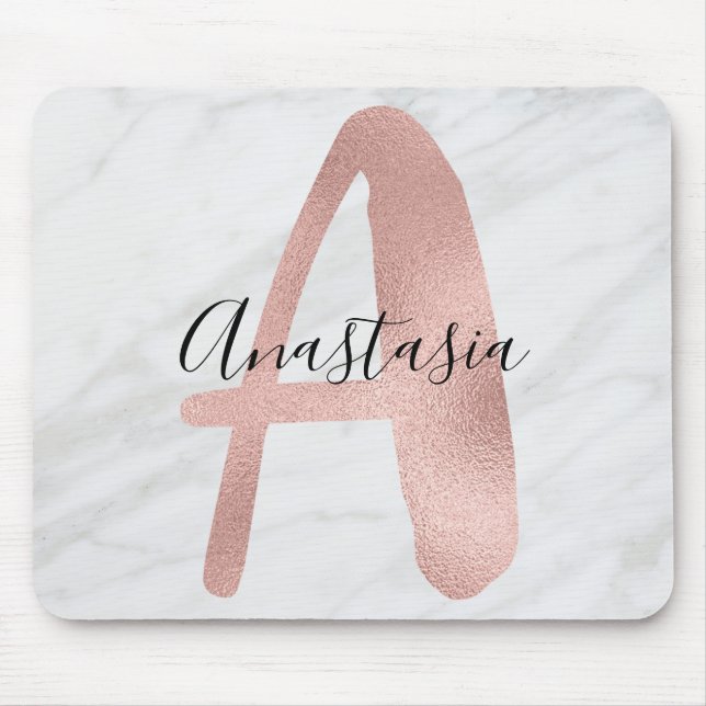 Tapis De Souris Blanc Chic & Marbre Gris Rose Or A Monogramme Nom (Devant)