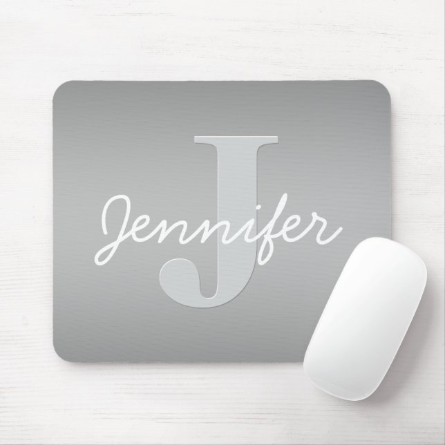 Tapis De Souris Blanc Cursive & Monogramme Gris | Couleurs Modifia (Avec souris)