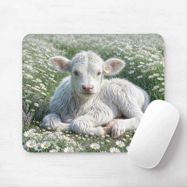 Tapis De Souris Blanc Écossais Haut-Calf Dans Le pré De Daisy (Avec souris)