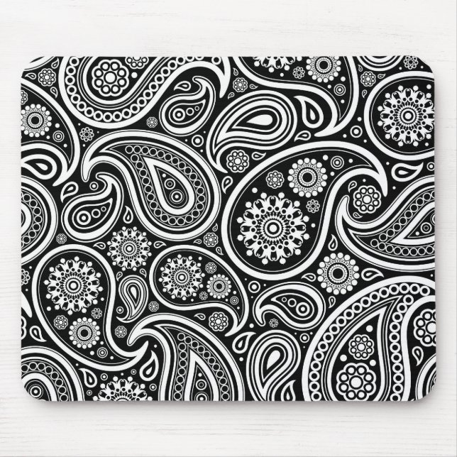 Tapis De Souris Blanc Retro Paisley Motif Design sur Noir (Devant)
