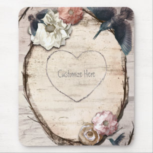 Tapis De Souris Blanc Rustique Fleur de Bouleau & Colibri Élégant
