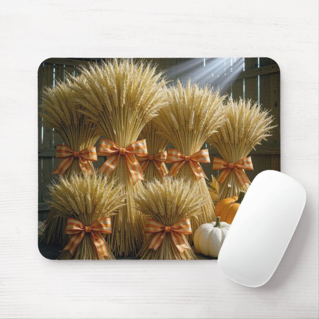 Tapis De Souris Blé Enroulé Dans Une Grange Avec Des Citrouilles (Avec souris)