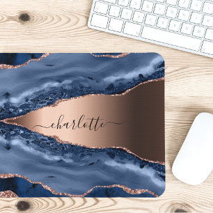 Tapis De Souris Bleu agate marbre rose or nom script
