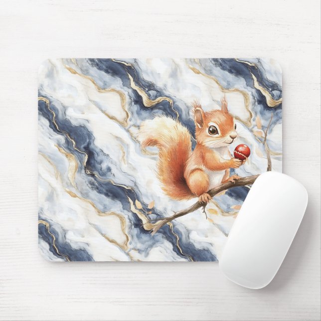 Tapis De Souris Bleu Blanc Or Abstrait Écureuil Pomme (Avec souris)