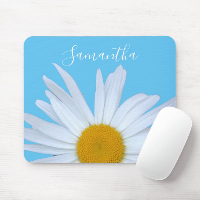 Tapis De Souris Bleu Ciel Daisy Élégant Script blanc (Avec souris)