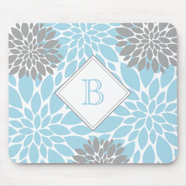 Tapis De Souris Bleu clair Gris Fleurs modernes Monogramme initial (Devant)