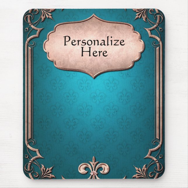 Tapis De Souris Bleu damassé bronze triage victorien élégant (Devant)