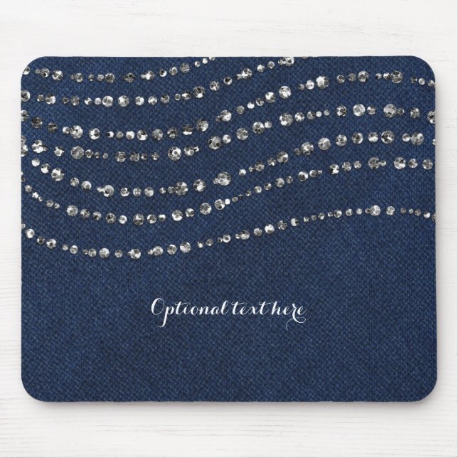 Tapis De Souris Bleu Denim & Diamonds Faux Sparkle Bling Chic (Devant)