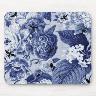 Tapis De Souris Bleu d'indigo Toile floral botanique vintage et