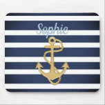 Tapis De Souris Bleu et Ancre or Nautique<br><div class="desc">Blue Stripes & Gold Ancre conception nautique. 
Customisez à votre goût ; c'est un modèle. :)</div>