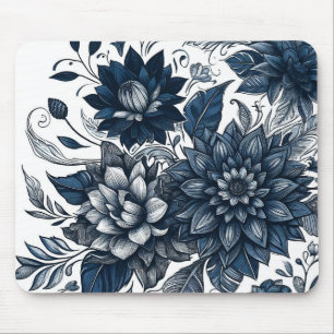 Tapis De Souris Bleu et blanc Bohème Floral Impression
