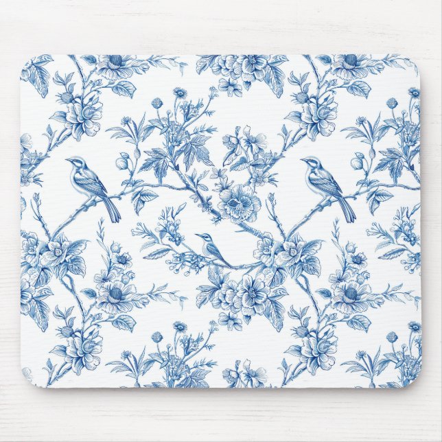 Tapis De Souris Bleu et blanc Chinoiserie Fleurs Oiseaux (Devant)
