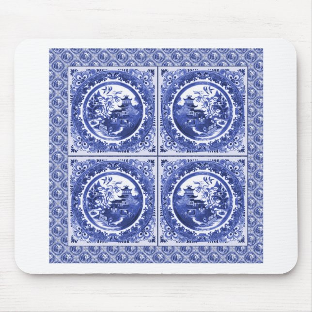 Tapis De Souris Bleu et blanc, conception de motif de saule (Devant)