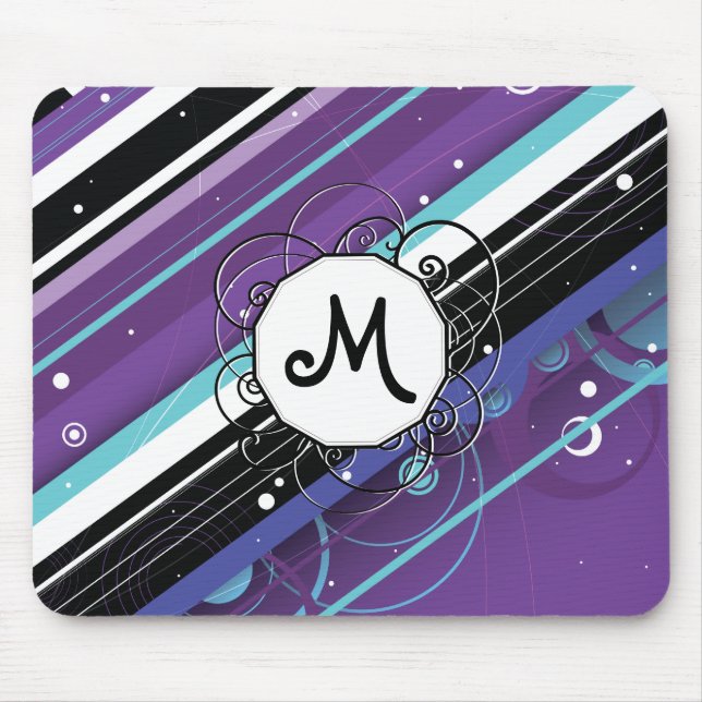 Tapis De Souris Bleu et Violet Moderne-Retro avec Monogramme (Devant)