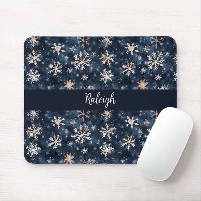 Tapis De Souris Bleu foncé simple avec flocons de neige Personnali (Avec souris)