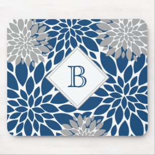 Tapis De Souris Bleu Gris Moderne Fleurs Initiales Monogramme Sour