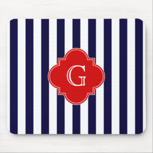 Tapis De Souris Bleu marine blanc rayure rouge quatrefeuille monog