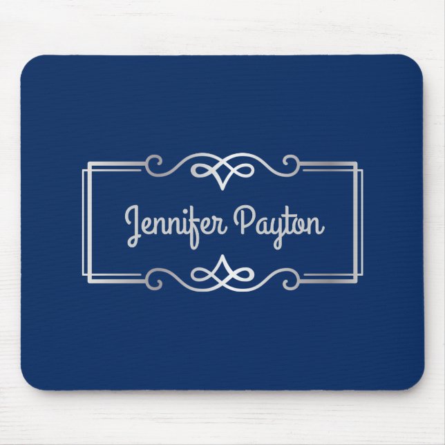 Tapis De Souris Bleu marine d'argent de monogramme d'anniversaire (Devant)