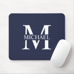 Tapis De Souris Bleu marine Monogramme et nom personnalisés