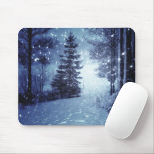 Tapis De Souris Bleu Moonlit Forêt magique Scène d'hiver