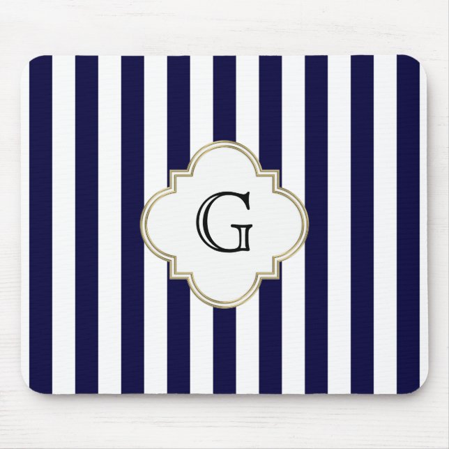 Tapis De Souris Bleu Nuit Blanc Étiquette Monogramme Rayure Moyenn (Devant)