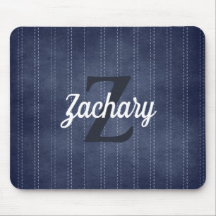 Tapis De Souris Bleu Nuit Pinstripe Rétro Monogramme Vintage