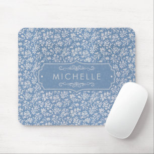 Tapis De Souris Bleu pastel doux et motif floral bohème blanc gris