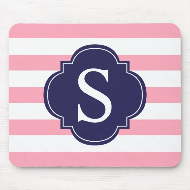 Tapis De Souris Bleu rose rayures Monogramme (Devant)