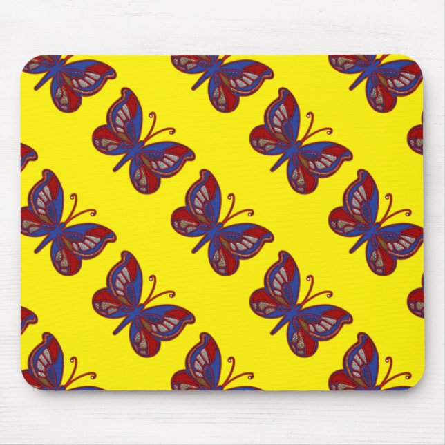 Tapis De Souris Bleu rouge Bleu Papillon-Jaune Mousepad (Devant)
