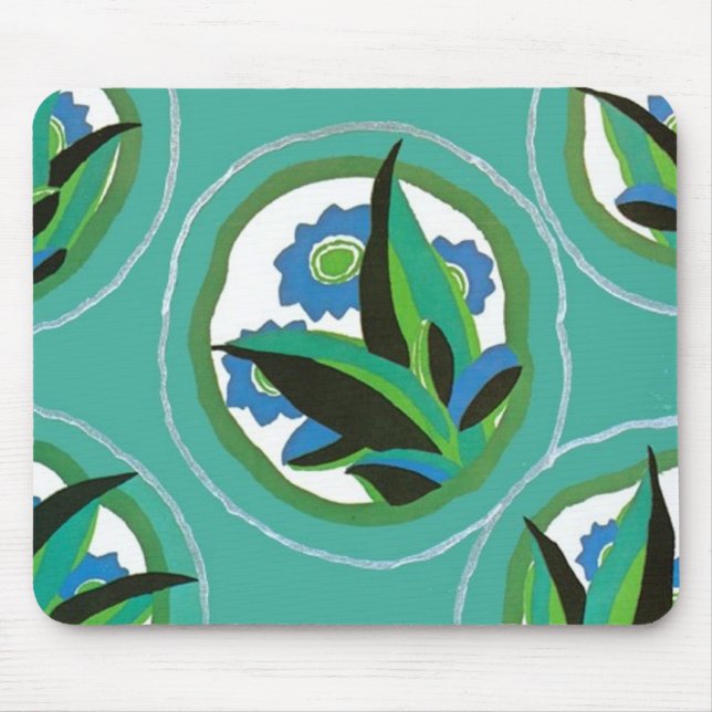 Tapis De Souris Bleu vert Floral Art Déco Mousepad (Devant)