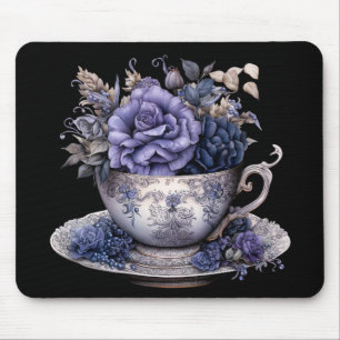 TAPIS DE SOURIS BLEUE GOTHIQUE & FLEURS PURPLES DANS UN TEACUP