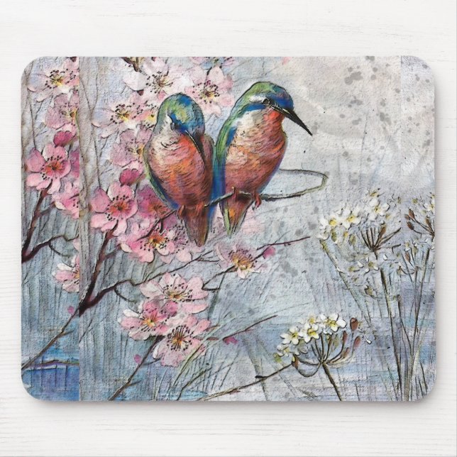 Tapis De Souris Bleus et fleurs joliment peints (Devant)