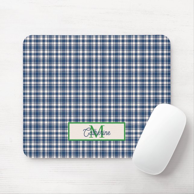 Tapis De Souris Blue and Green Gingham Plaid Tartan Monogram (Avec souris)
