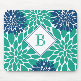 Tapis De Souris Blue and Green Modern Blooms Initial Monogram