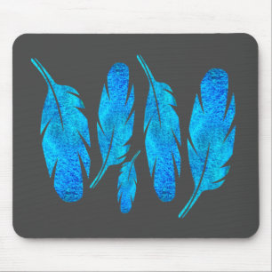 Tapis De Souris Blue boho feathers blue and gray