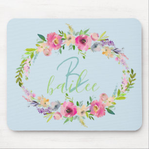 Tapis De Souris Blue Boho Pastel Floral Nom Script Monogramme