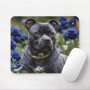 Tapis De Souris "Blue Brindle Beauty : Un Staffé Avec Roses Bleus