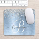 Tapis De Souris Blue Brushed Metal Silver Glitter Monogram Name<br><div class="desc">Easily personalize this trendy chic mouse pad design featuring pretty silver sparkling glitter on a blue brushed metallic background.</div>