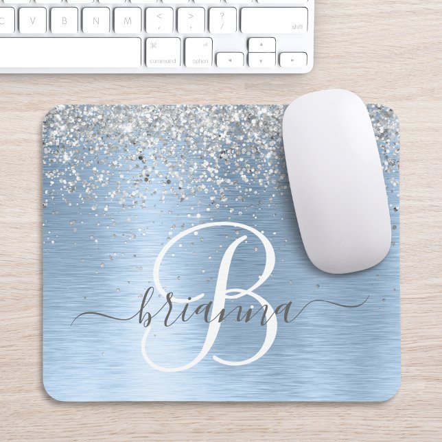 Tapis De Souris Blue Brushed Metal Silver Glitter Monogram Name (Créateur téléchargé)