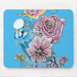 Tapis De Souris Blue Budgie Budgerigar Rose aquarelle art floral