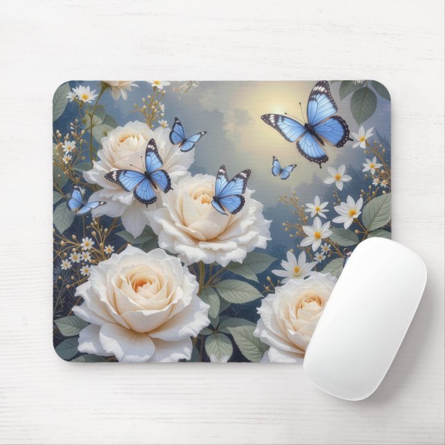 Tapis De Souris Blue Butterflies in a White Rose Garden (Avec souris)