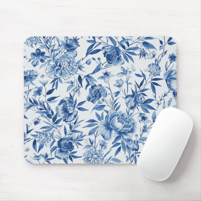 Tapis De Souris Blue Chinoiserie Watercolor Floral Botanical (Avec souris)