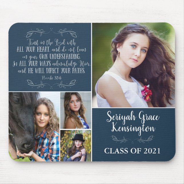 Tapis De Souris Blue Christian Verse Graduation 4 Photo Collage (Devant)
