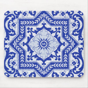 Tapis De Souris Blue Cracked Ceramic Style Azulejo Vintage