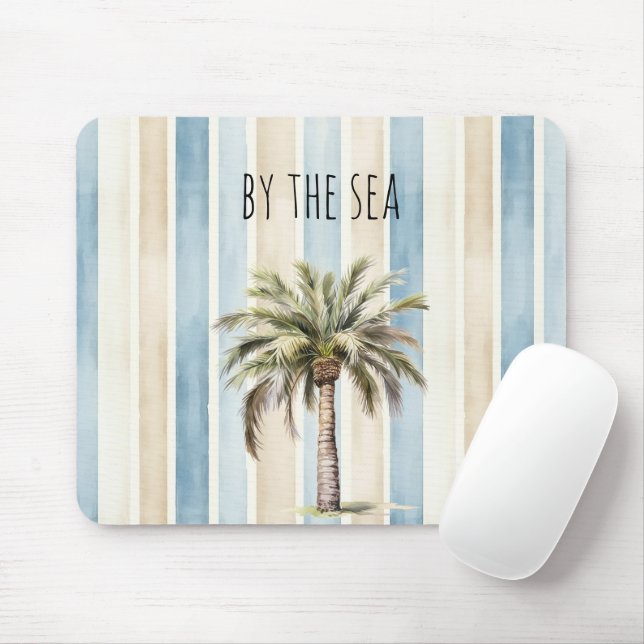 Tapis De Souris Blue Cream Stripes Tropical Palm Tree (Avec souris)