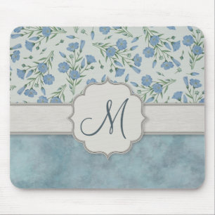 Tapis De Souris Blue Forget-Me-Not Floral et marbre avec Monogramm