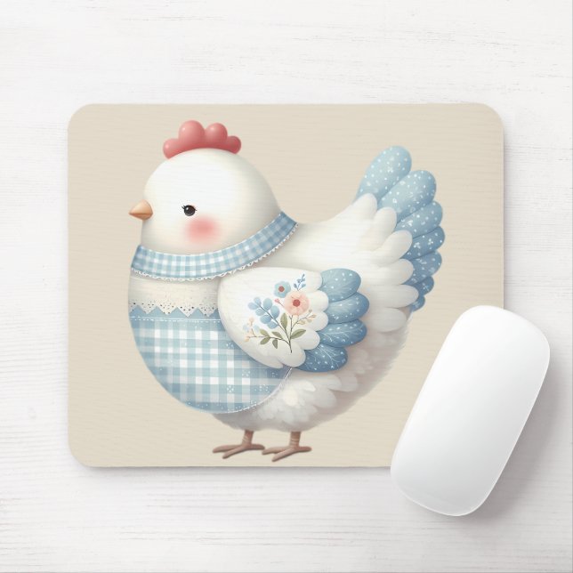 Tapis De Souris Blue Gingham Cottage Hen (Avec souris)