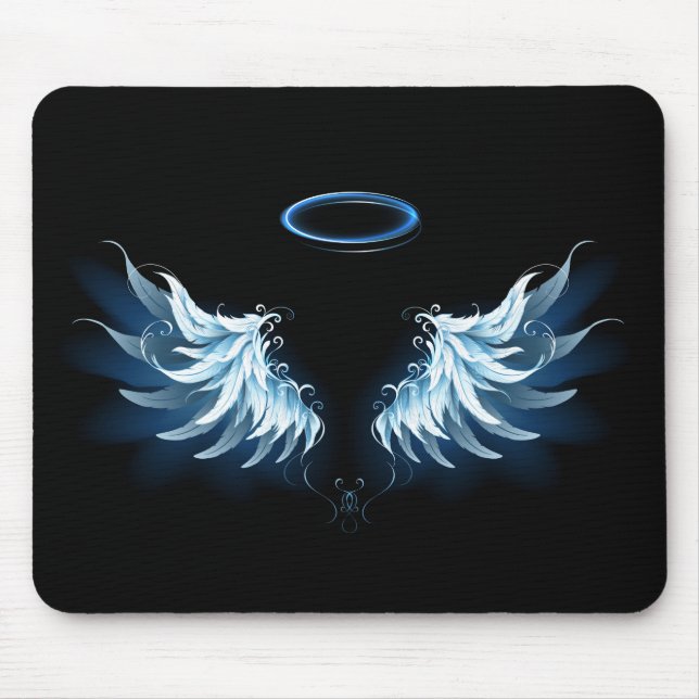 Tapis De Souris Blue Glowing Angel Wings on black background (Devant)