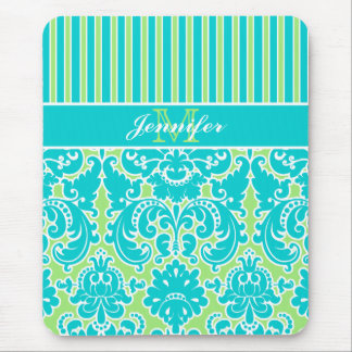 Tapis De Souris Blue Green White Striped Damask Monogram Mousepad